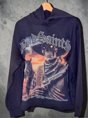 Left point Italy 🇮🇹 Bad Saints Graphic Hoodie — w Black with Sunset Accent